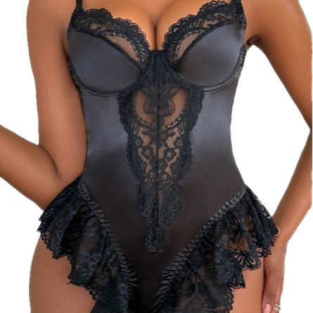 Sexy Bodysuit with Lace Panels, Low-Back Design & Front-Clasp Bra