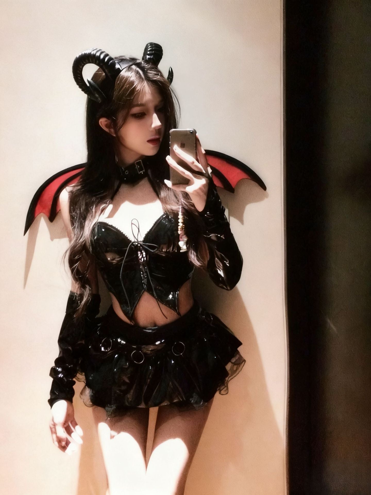 PU Leather Cut-Out Lace-Up Lingerie – Little Devil Style Patent Look Seductive