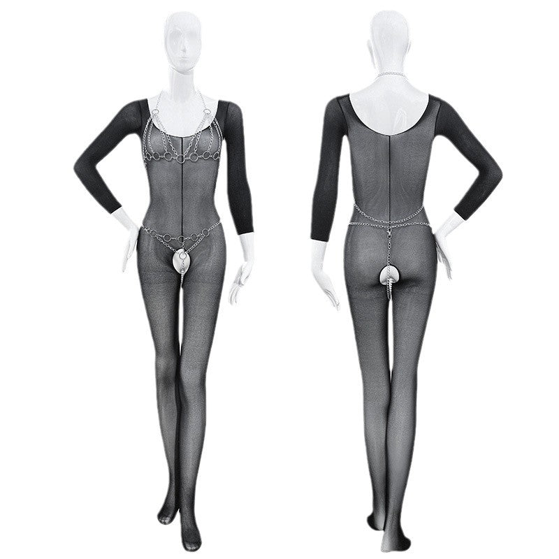 New Style Deep U-Neck Long-Sleeve Open-Crotch See-Through Body Stockings Lingerie with Sexy Bare Hip Design