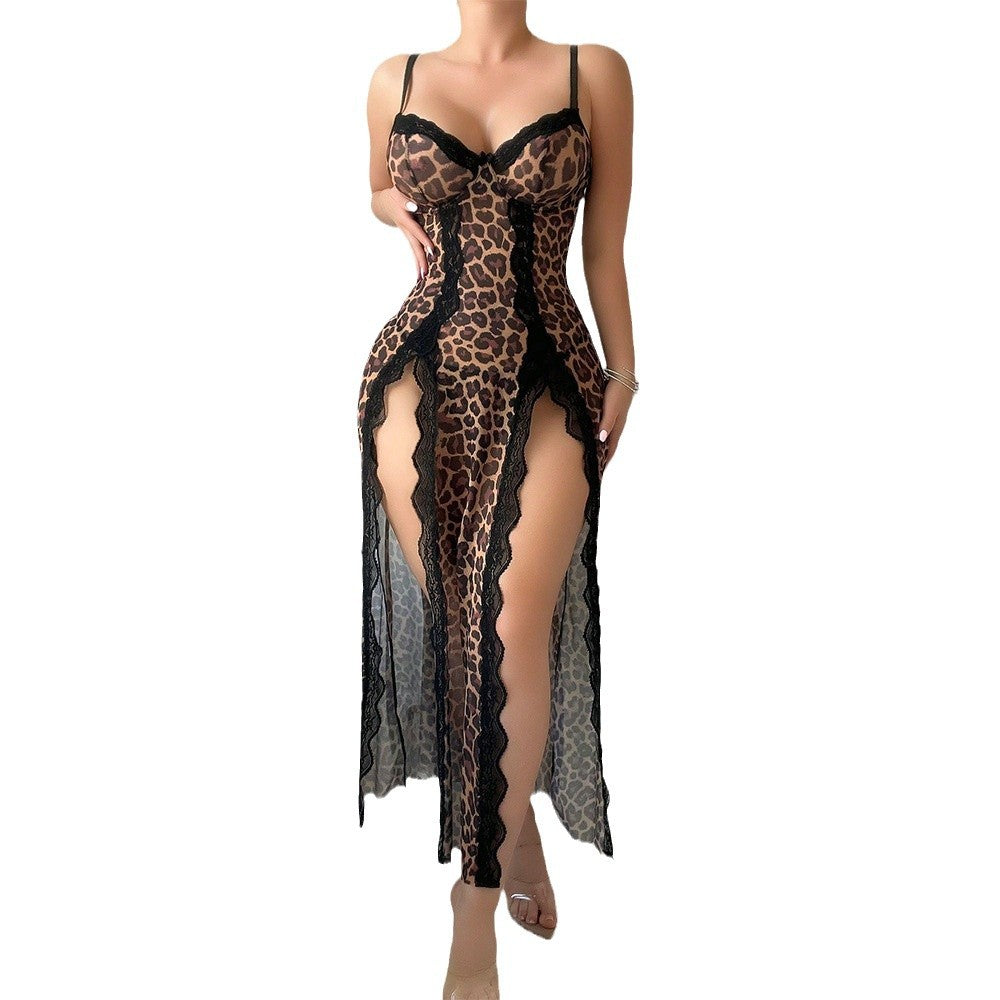 Sexy lingerie leopard print sheer long dress exciting role-play nightwear thong 2-piece set