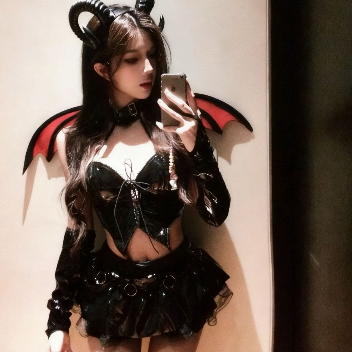 PU Leather Cut-Out Lace-Up Lingerie – Little Devil Style Patent Look Seductive