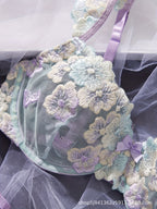 Sensual short-sleeved floral embroidery lace-up thin-cup lingerie set