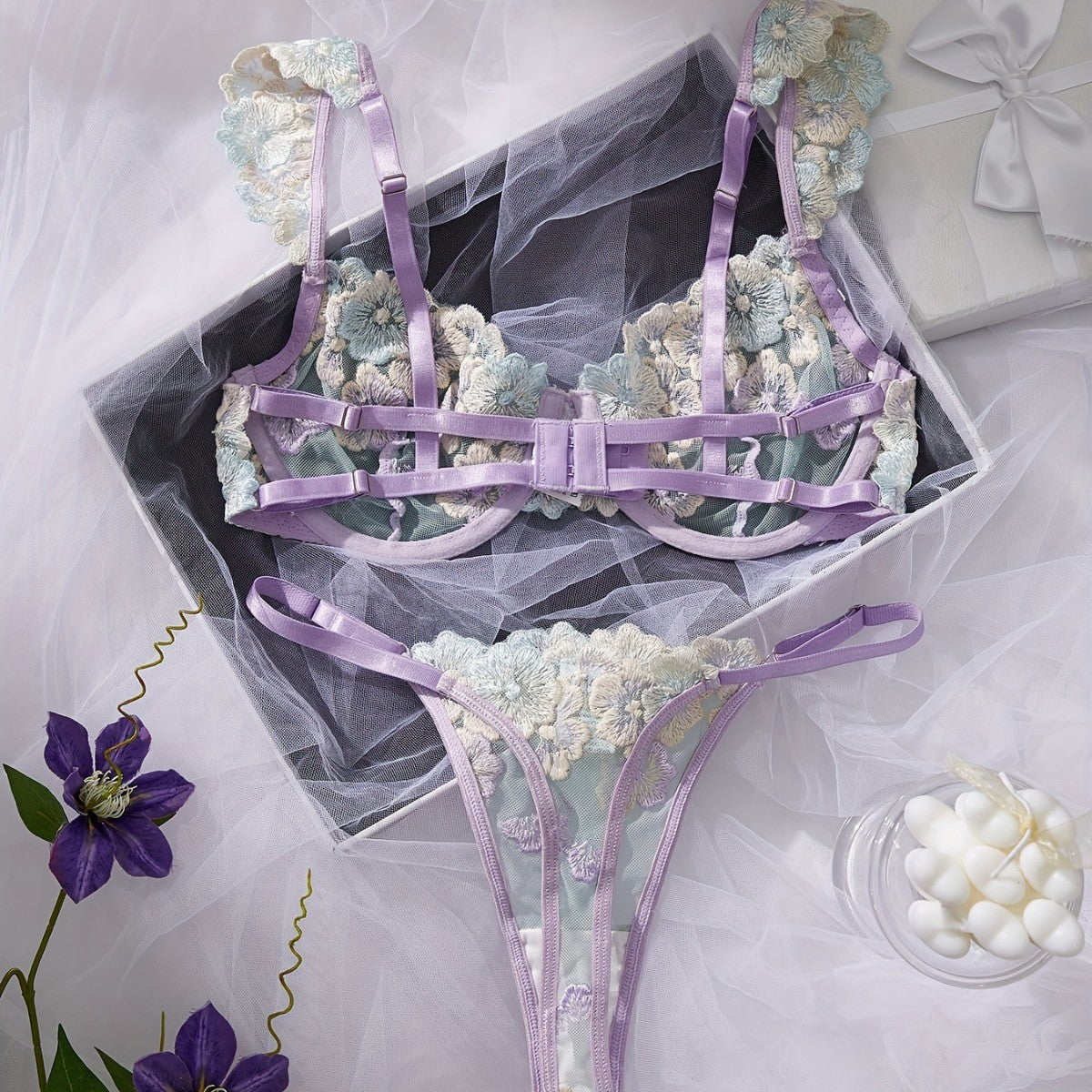 Sensual short-sleeved floral embroidery lace-up thin-cup lingerie set