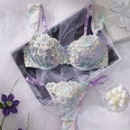 Sensual short-sleeved floral embroidery lace-up thin-cup lingerie set