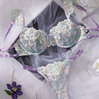 Sensual short-sleeved floral embroidery lace-up thin-cup lingerie set