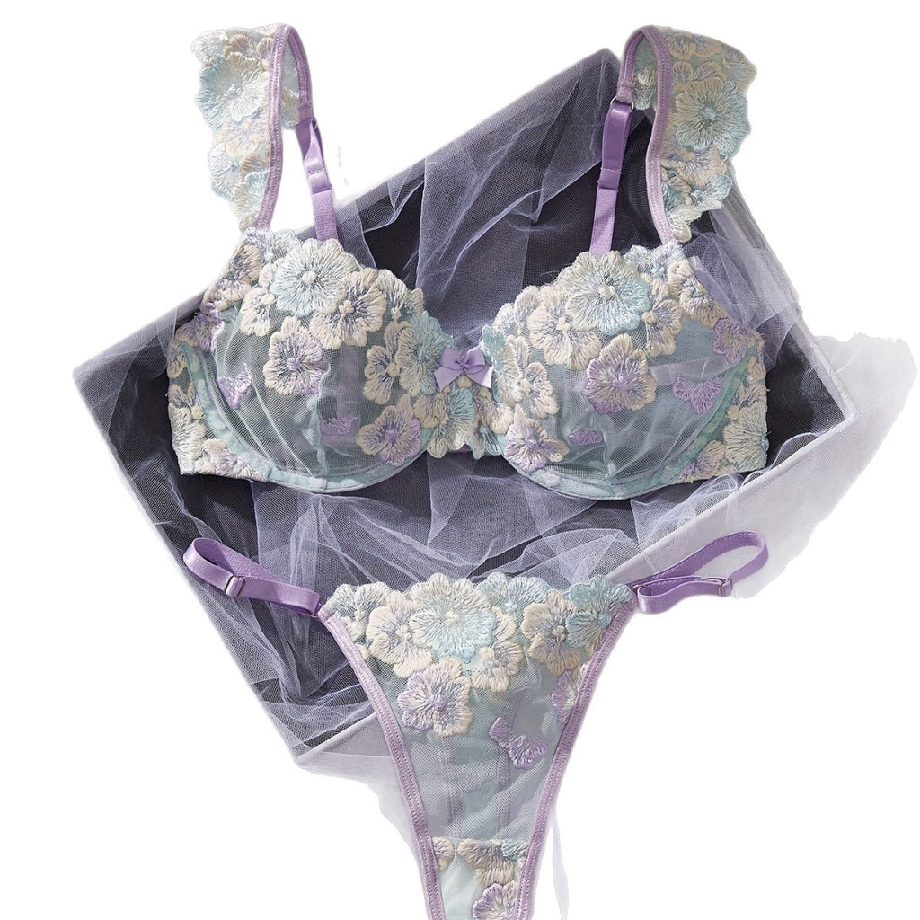 Sensual short-sleeved floral embroidery lace-up thin-cup lingerie set
