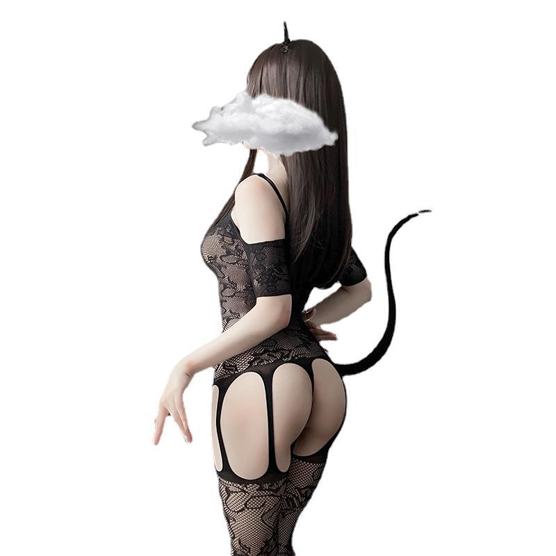 New Style Sexy Lingerie: Open-Crotch & Breast-Revealing Set, Sheer Temptation Bodysuit with Attached Garter and Stockings