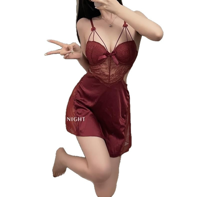 Flirtatious Underwire Push-Up Padded Lace Deep V Backless Nightgown - Plus Size Slip Homewear