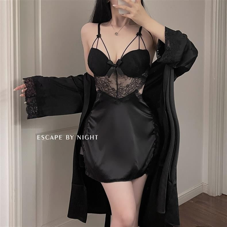 Flirtatious Underwire Push-Up Padded Lace Deep V Backless Nightgown - Plus Size Slip Homewear