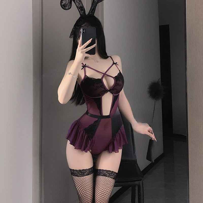 Purple Sexy Lace Bodysuit for Women - Sheer Roleplay Lingerie with Easy-Access Open Design